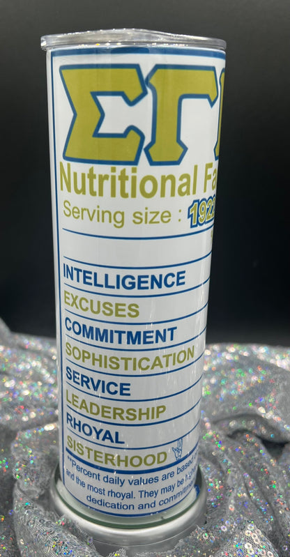 Greek'd Up Custom "Nutritional Facts" Themed 20 oz Tumbler